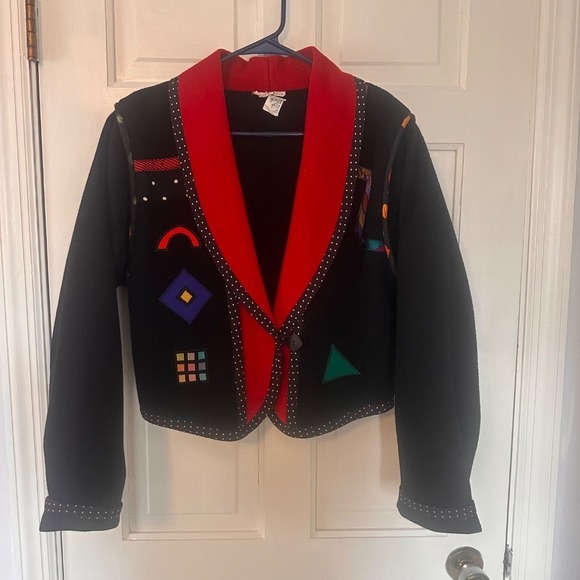 Lyn Murray Wool Jacket Cropped Studded Geometric Design Black Red‎ Size M - Picture 1 of 10